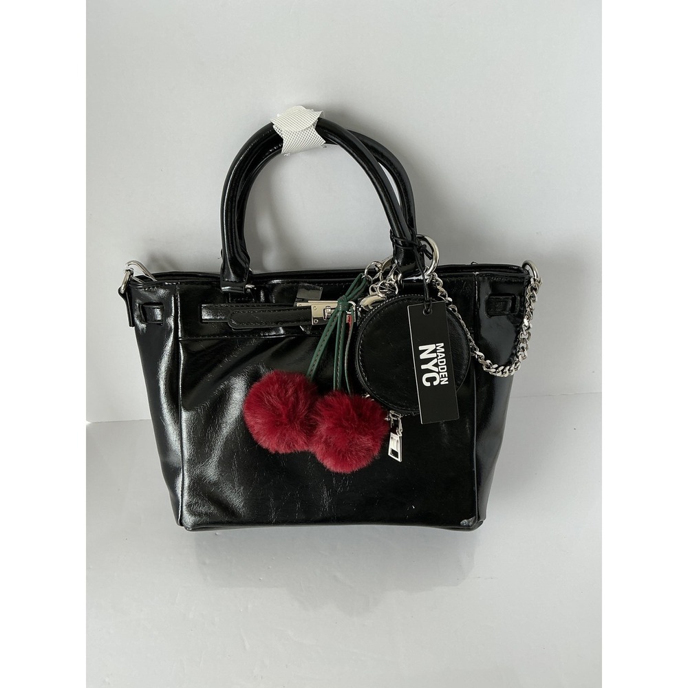 Madden NYC Black Satchel Handbag Chain Strap Coin Pouch Charm NWT Tote Bag‎